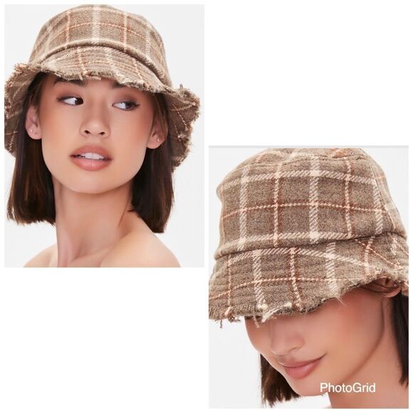 Frayed Woven Bucket Hat allover plaid pattern wide brim, and frayed raw-cut Trim - Picture 1 of 5